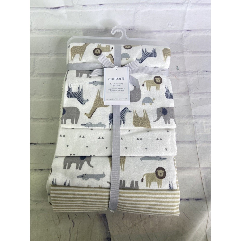 Carters 4 Pack Receiving Blankets Zoo Animal Safari Stripes Triangle Print 2017